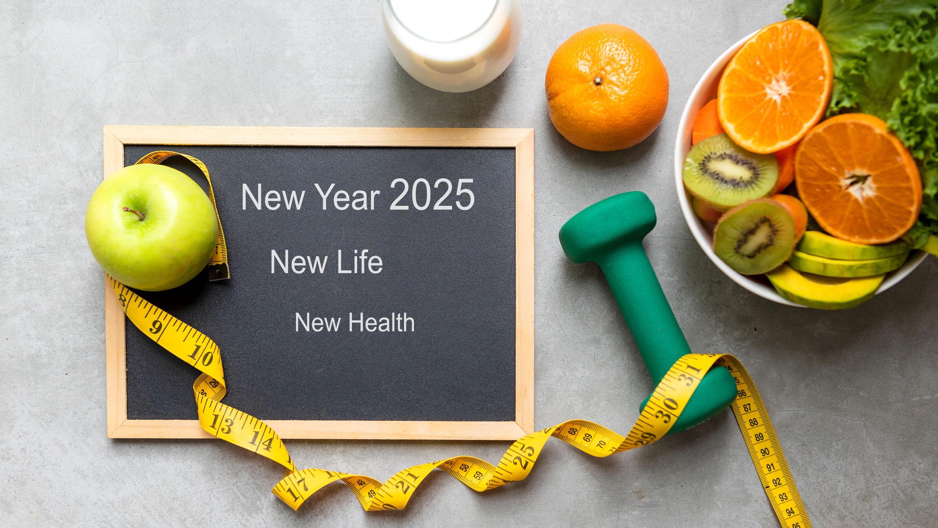 New Year for New Changes Healthy 2025.  Fresh vegetable fruits and healthy food for sport equipment for women diet slimming weight loss.  Healthy and Holiday Concept